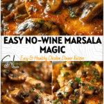 Close-up of golden chicken marsala without wine cooked in creamy marsala sauce topped with mushrooms.
